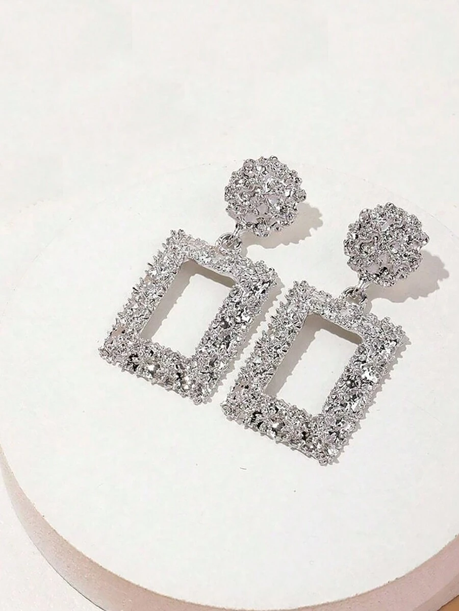 1雙復古風格合金紋理質感幾何方形噴霧塗料和電鍍耳環適合女士,日常穿著 - 銀色 - 查看 1