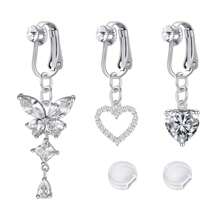 2-3pcs Pink Fake Belly Ring Clip On Belly Button Rings Stainless Steel Fake Earrings Diamond Dangle Non Piercing Belly Piercing Jewelry With Pain Relieving Silicone Pads