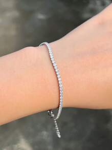 1pc Adjustable Classic Style Round Cubic Zirconia Pave Genuine 925 Sterling Silver Tennis Bracelet, Fine Jewelry Gift For Women On Wedding/Engagement Occasions Bridal Jewelry - White - View 10