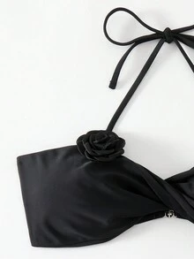 New Style Floral Solid Color Two-Piece Bikini Set With Spaghetti Strap Spaghetti Strap Top For Hot Springs Vacation Summer - Black - View 3