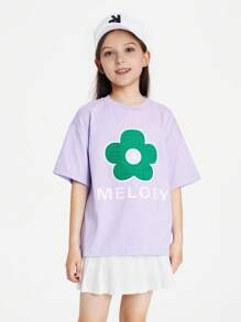 Annil 少女夏季甜美花卉印花圓領短袖T恤 - 紫色 - 查看 1