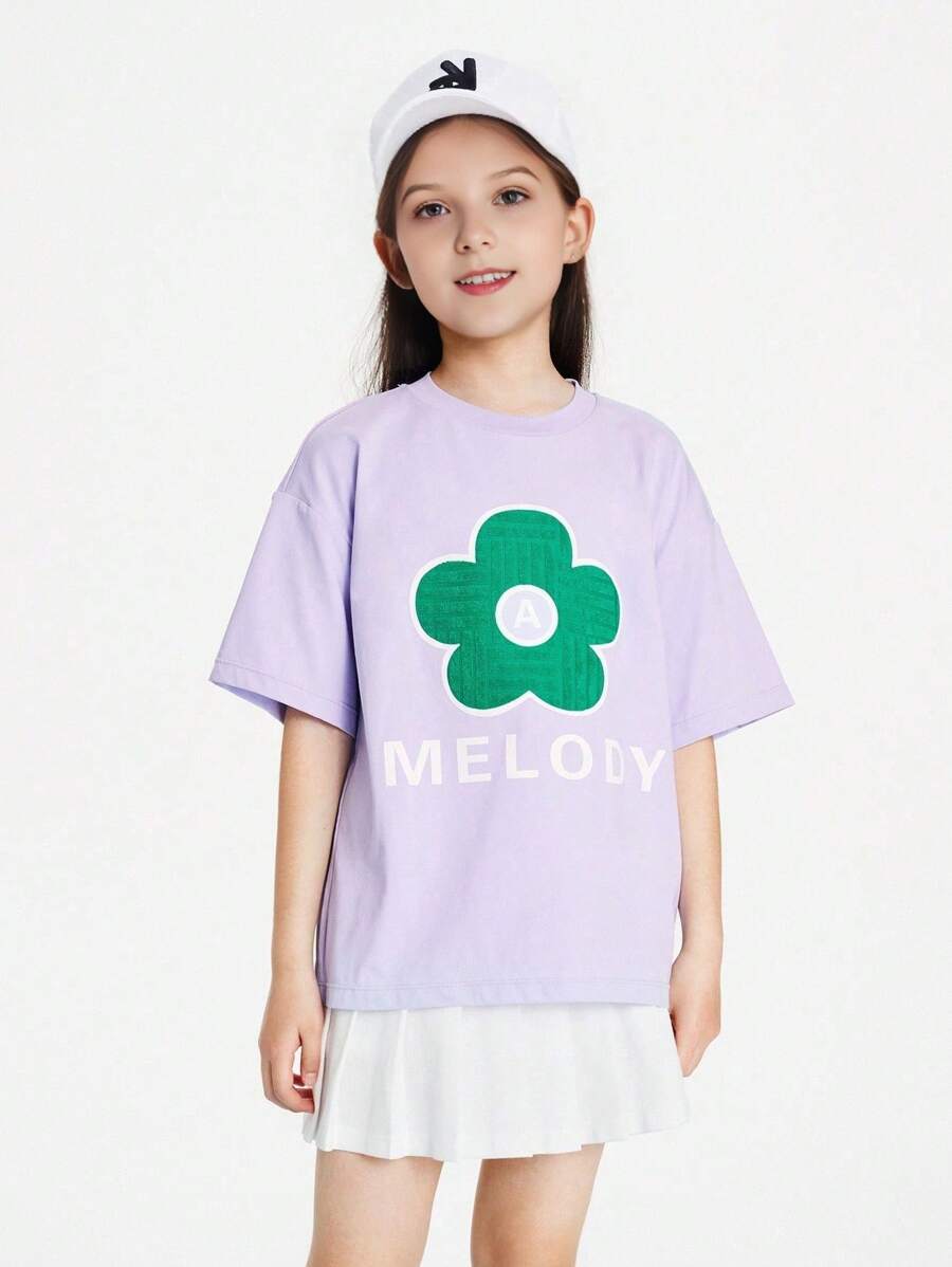 Annil 少女夏季甜美花卉印花圓領短袖T恤 - 紫色 - 查看 1
