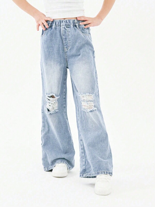 Jeans de pierna recta rasgados para niña preadolescente con un ajuste holgado, pantalones largos de mezclilla lavados y pantalones anchos