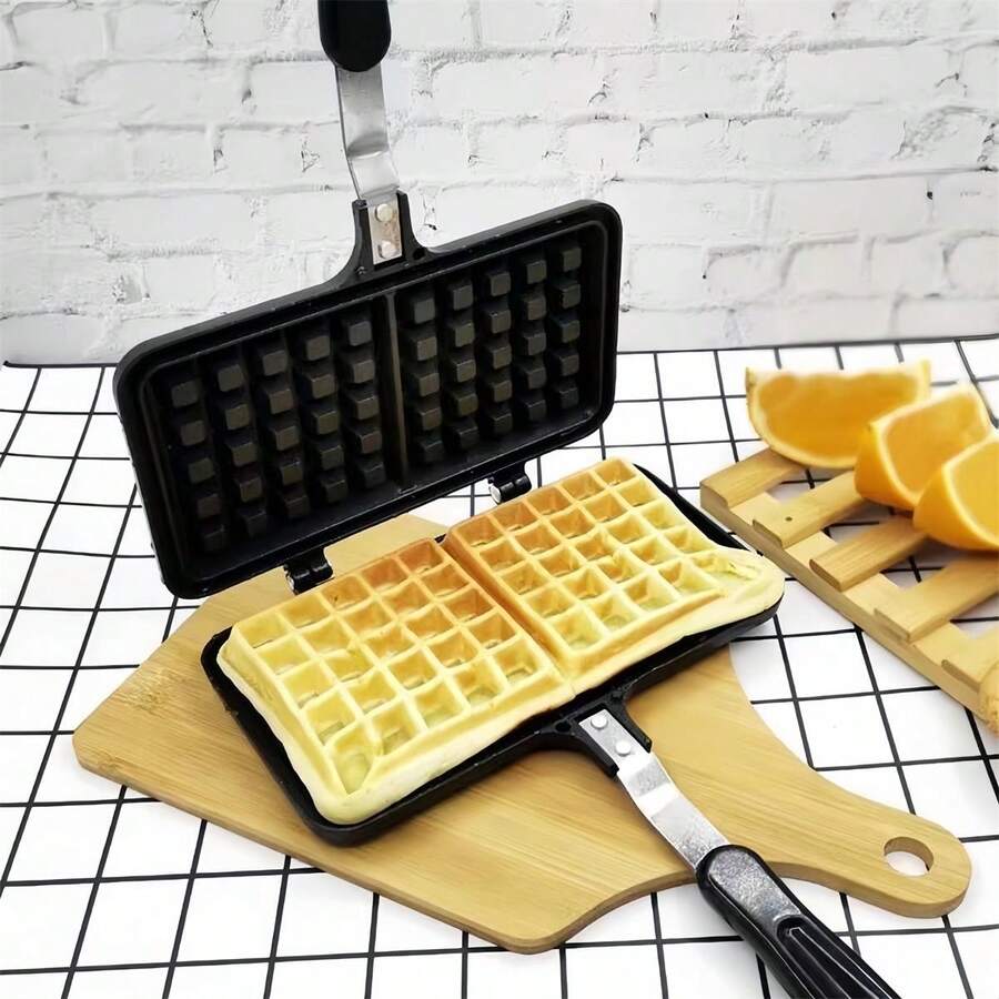 1pc Durable Aluminum Alloy Waffle Maker With Long Handle And Non-Stick Plates - Perfect For Baking Double-Sided Waffles At Home - Black - View 1