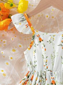 Young Girl Ditsy Floral Cap Sleeve Dress, Fashionable Princess Dress - Yellow - View 3