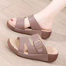 女士夏季拖鞋 PU 皮革防滑软底时尚厚底坡跟拖鞋户外穿着 - 棕色 - 查看 6