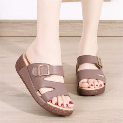 Women's Summer Slipper PU Leather Anti-Slip Soft Sole Ins Fashion Thick-Soled Platform Wedge Slippers For Outdoor Wear
