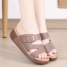 女士夏季拖鞋 PU 皮革防滑软底时尚厚底坡跟拖鞋户外穿着 - 棕色 - 查看 4