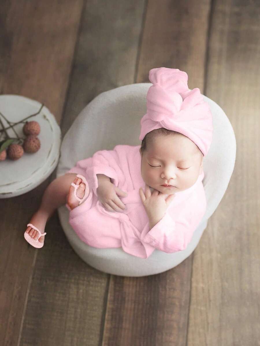 0-1M Newborn Photography Bathrobe - White/Pink/Beige/Light Pink, 3pcs Set: Bathrobe + Towel + Belt, Photoshoots Outfit For Baby Photography Baby Shower Easter Gift Things For Girls/Boys - Pink - View 1