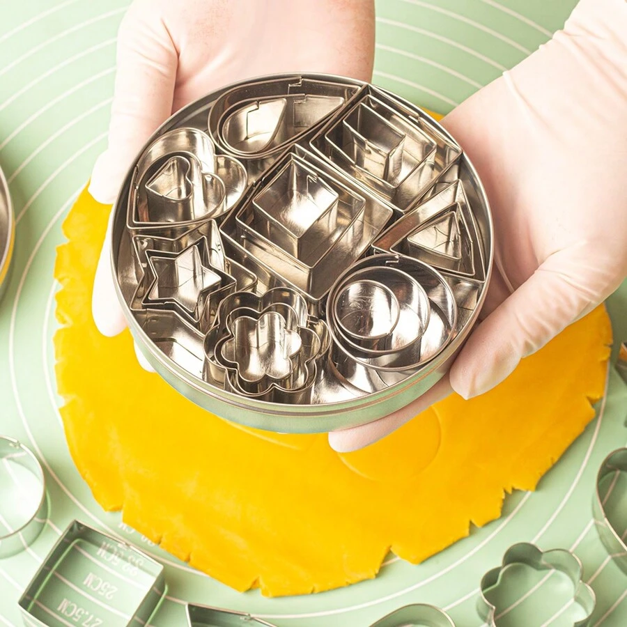 24pcs Stainless Steel Mini Cookie Cutter Set, Including Square, Heart, Triangle, Circle, Flower And Star Shapes For Baking, Cutting Dough, Pastry, Fruit, Fondant And Clay - Silver - View 1