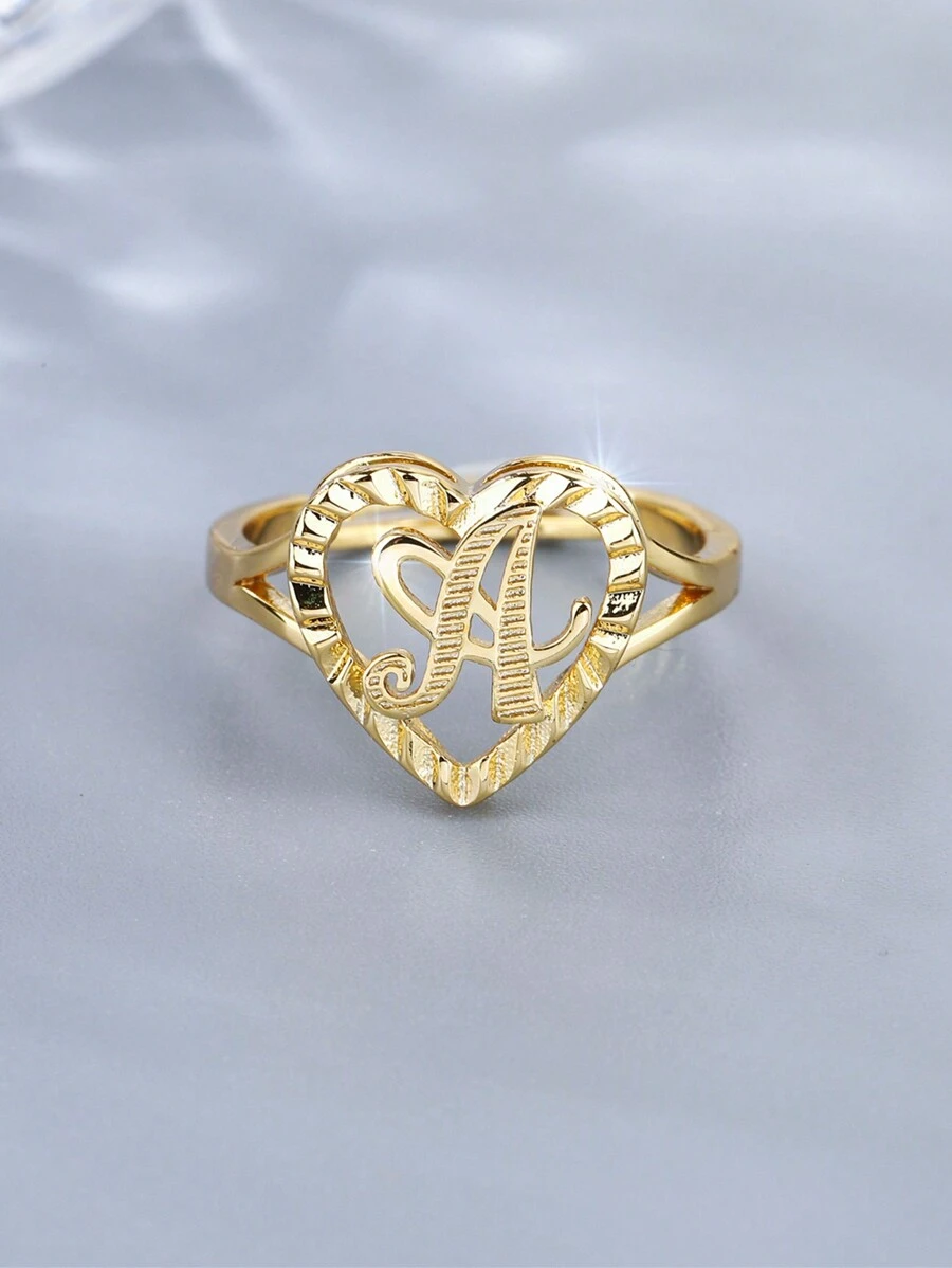 1 chiếc nhẫn rỗng cổ điển khắc 26 chữ cái có thể điều chỉnh, phụ kiện thời trang giản dị cho cặp đôi, thích hợp làm quà tặng dự tiệc/du lịch - Vàng - Xem 1