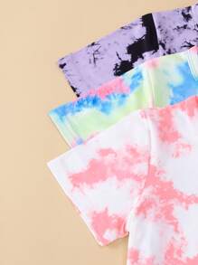 6入組年輕女孩休閒水染短袖T恤和短褲套裝，夏季穿著