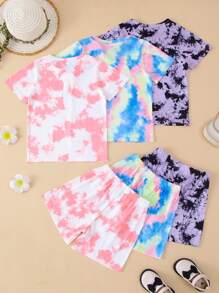 6入組年輕女孩休閒水染短袖T恤和短褲套裝，夏季穿著