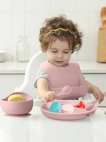 PopLittleOne 5PCS Baby Silicone Tableware Sets Adjustable Bib Suction Plate Bowl Soft Spoon Fork Non-Slip Food Storage Feeding Training Dinner Set - Pink - View 9