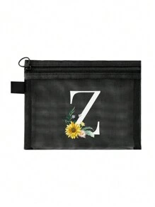 1个黑色网眼袋，雏菊图案，可定制字母A-Z，透明网眼化妆品收纳袋，多功能旅行便携袋，护肤品和化妆品收纳袋，学生文具袋，网眼拉链袋，旅行化妆品包装收纳袋，简约时尚，适合珠宝收纳、住宿、旅行、商务、游泳和家居收纳。 - 黑色 - 查看 12