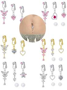 2-3pcs Pink Fake Belly Ring Clip On Belly Button Rings Stainless Steel Fake Earrings Diamond Dangle Non Piercing Belly Piercing Jewelry With Pain Relieving Silicone Pads