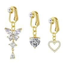 2-3pcs Pink Fake Belly Ring Clip On Belly Button Rings Stainless Steel Fake Earrings Diamond Dangle Non Piercing Belly Piercing Jewelry With Pain Relieving Silicone Pads