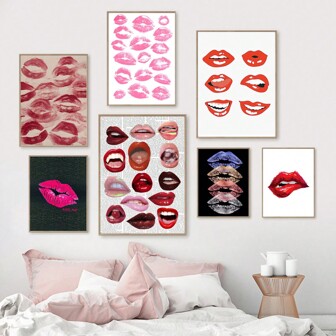 1入組復古報紙海報帶粉紅唇藝術印刷畫布，適用於家居裝飾，客廳，臥室，書房，浴室牆面裝飾