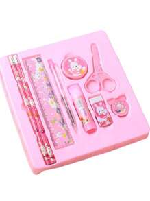 9 Stück/Set Koreanischer Stil Cartoon Schreibwaren Set Geschenkbox, kreative Schul-Zubehör Geschenke, beinhaltet Bleistifte, Anspitzer, Radiergummi, Lineal, Kugelschreiber usw., geeignet als Party-/Weihnachts-/Geburtstaggeschenk