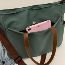 女士多口袋手提包，简约时尚的斜挎单肩包，轻巧可折叠，适合购物、旅行、办公，大号学校手提包，多个隔层，大容量，便携，经典休闲，适合少女、女大学生，非常适合返校、开学第一天、初中、高中 - 綠色 - 查看 5