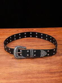 歐美風格鉚釘腰帶 (女款)，時尚裝飾實用多變、個性化朋克韓版腰帶 - 黑色 - 查看 3