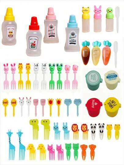 Juego de 56 piezas de botellas para salsas de colores aleatorios para cajas bento, incluye tenedor para ensalada, para cocina, regalo de Navidad, útiles escolares