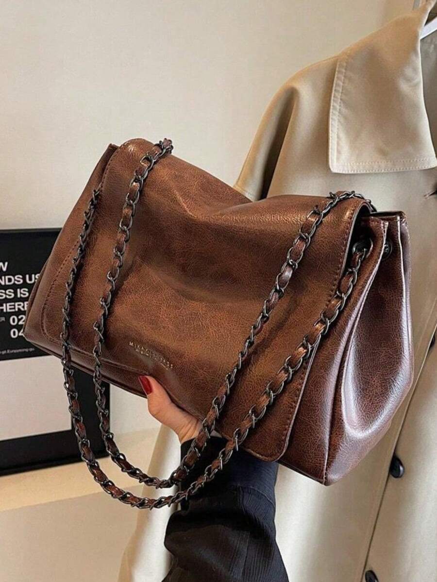 Elegant Solid Color Chain Bag, Women's 2024 New Textured Flap Large Capacity Commuter Shoulder Crossbody Bag - Coffee Brown - View 1