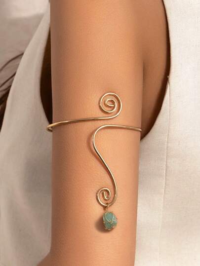 1pc Vintage Bohemian Style Asymmetrical Crystal Turquoise Pendant Spiral Open Bangle Bracelet, Suitable For Women's Daily Wear And Casual Vacation Decoration, Charming Body Jewelry Gift (Turquoise Pendant Shape And Size Random)