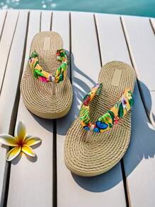 Women's Anti-Slip Flower Patterned Flip-Flops, Ladies' Summer Vacation Beach Slippers, Women's Sandals Summer Casual Vacation Slides, Summer Women's Flat Sandals, Printed Woven Bohemian Style Flip-Flops, Ladies' Flat Sandals - Flowers - View 4