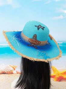 1 Mũ Rơm Sao Biển Vẽ Tay, Mũ Chống Nắng Mùa Hè Cho Câu Cá Kỳ Nghỉ Ở Bãi Biển, Y2K Phong Cách Trẻ Trưởng Thành Mũ - Mũ rơm - Xem 7