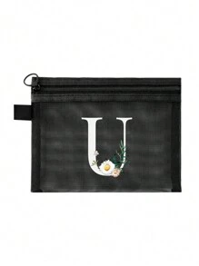 1个黑色网眼袋，雏菊图案，可定制字母A-Z，透明网眼化妆品收纳袋，多功能旅行便携袋，护肤品和化妆品收纳袋，学生文具袋，网眼拉链袋，旅行化妆品包装收纳袋，简约时尚，适合珠宝收纳、住宿、旅行、商务、游泳和家居收纳。 - 黑色 - 查看 15