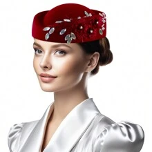 Vintage Knitted Felt Pillbox Rhinestone Hat Women's  Derby Veil Flower Fedora