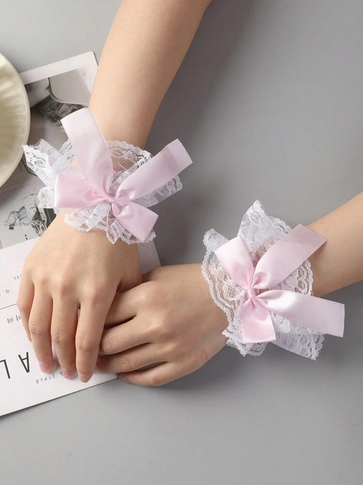 1 par de mangas con lazo de encaje dulce, accesorios de disfraz Lolita para muñeca, lindos para fotos, vestidos, faldas, cubrecuello de manga acampanada de moda (color aleatorio), viaje, festival - Multicolor - Añade 15
