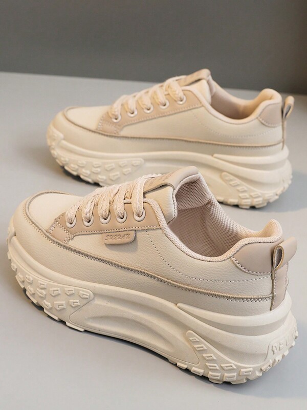 New 2025 Color Block Platform Chunky Sneakers, Leather Upper Casual Shoes For Women, Fashion Student Korean Style