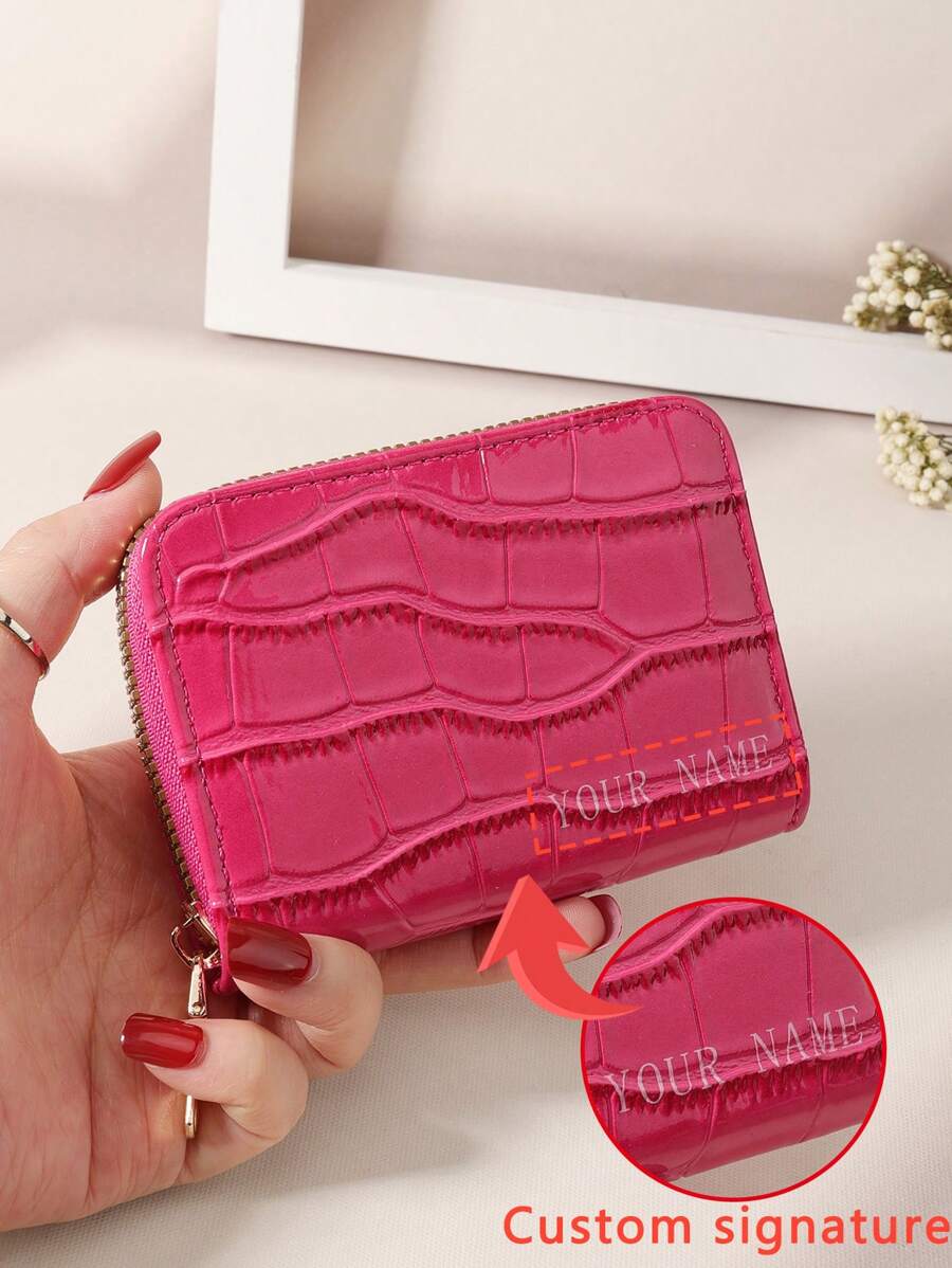 Customized Name Signature Fashionable Multi-Slot Crocodile Pattern Couple Wallet, Short Wallet, Valentine's Day/Mother's Day/Birthday Gift - Hot Pink - View 1