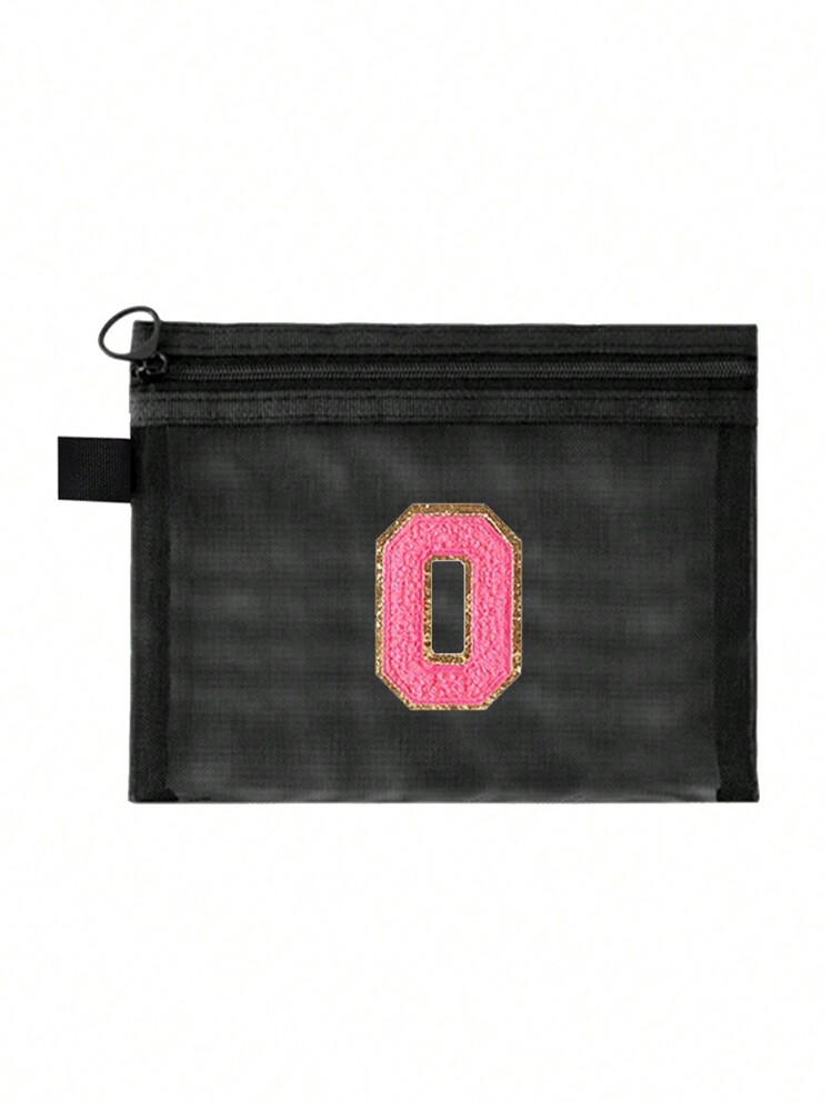 黑色网眼袋，大容量，玫瑰花图案，可刺绣字母，毛巾上绣有A-Z字母，透明网眼化妆品收纳袋，多功能旅行便携包，口红护肤品收纳化妆包，学生文具袋，网眼拉链袋，旅行化妆品整理包，简约高端，配件收纳，适用于宿舍、旅行、出差、游泳、居家收纳 - 黑色 - 查看 24