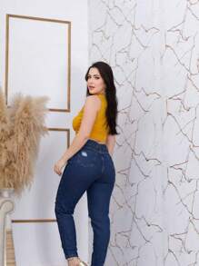 Women Jeans - 深色水洗藍 - 查看 2