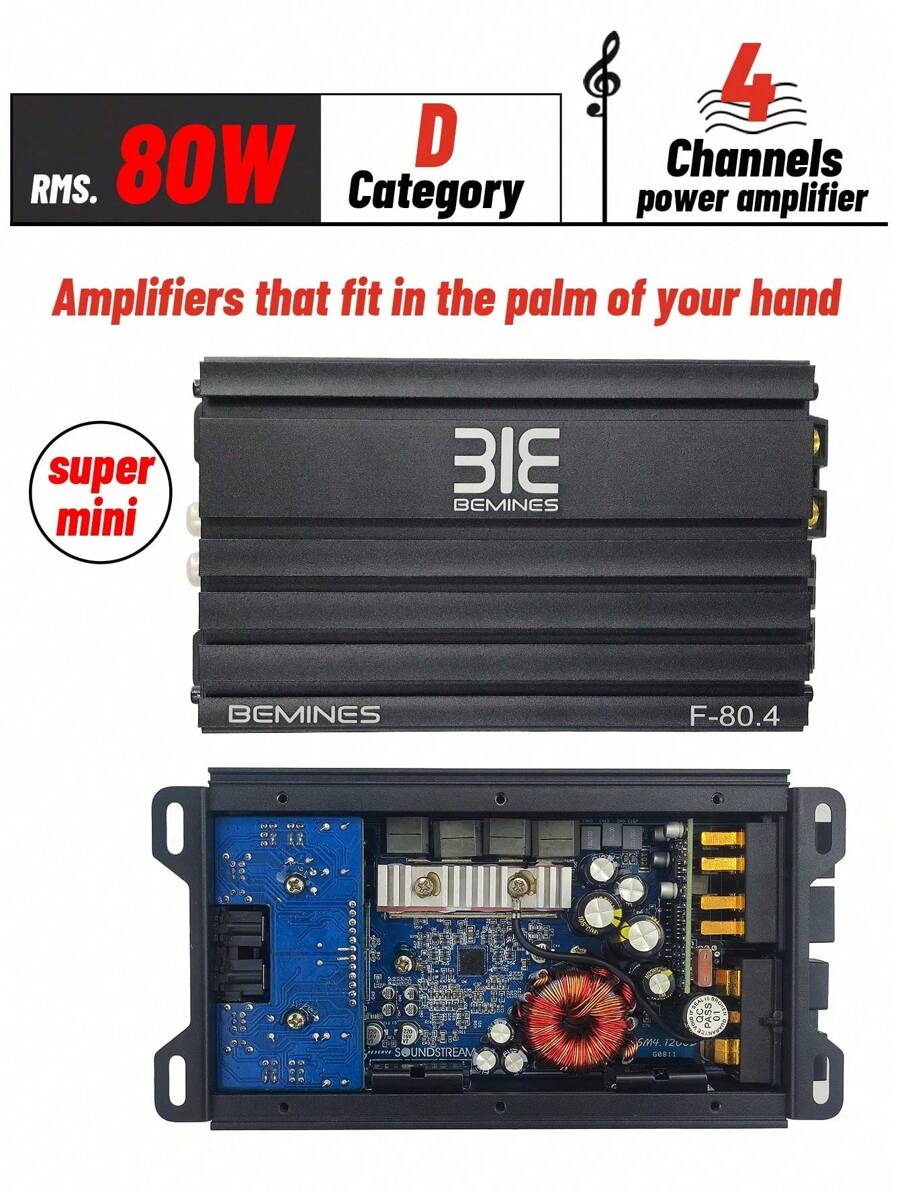 1 件 Bemines F-80.4 黑色立体声 Hi-Fi 设计铝合金外壳低音炮和扬声器 D 级 4 通道 5200W 高功率汽车功放适用于所有车辆 - 黑色 - 查看 1
