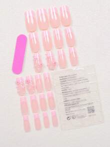 Conjunto de 24 uñas postizas cuadradas de tamaño mediano y largo con acabado francés rosa, con flores pequeñas en 3D, pedrería blanca y perlas falsas, para un estilo de moda sencillo, adecuado para fiestas, bailes y uso diario - Suministros de uñas - Multicolor - Ver 3