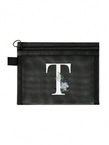 1个黑色网眼袋，雏菊图案，可定制字母A-Z，透明网眼化妆品收纳袋，多功能旅行便携袋，护肤品和化妆品收纳袋，学生文具袋，网眼拉链袋，旅行化妆品包装收纳袋，简约时尚，适合珠宝收纳、住宿、旅行、商务、游泳和家居收纳。 - 黑色 - 查看 29