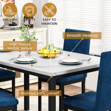 5-Piece Dining Table And Chair Sets, Mid-Century Modern Style Faux Marble Table Top Dining Room Table Set With 4 Diamond Stitching Upholstered Chairs, 4 Person Breakfast Dining Set With Sturdy Metal Frame For Small Spaces - Màu xanh lam - Xem 6