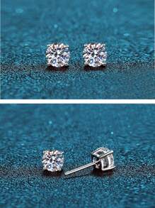 1pair Genuine 925 Sterling Silver Cubic Zirconia Gemstone Round Stud Earrings For Women Girls Men Unisex Jewelry Gift - White - View 7