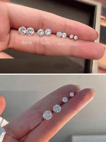 1pair Genuine 925 Sterling Silver Cubic Zirconia Gemstone Round Stud Earrings For Women Girls Men Unisex Jewelry Gift - White - View 6
