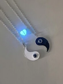 ATLVXJL 2件套情侣手链，阴阳图案镶嵌投影珠，心形夜光不锈钢吊坠项链，情人节礼物，情侣礼物 - 彩色 - 查看 7