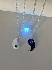 ATLVXJL 2件套情侣手链，阴阳图案镶嵌投影珠，心形夜光不锈钢吊坠项链，情人节礼物，情侣礼物 - 彩色 - 查看 5