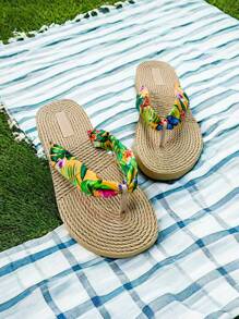 Women's Anti-Slip Flower Patterned Flip-Flops, Ladies' Summer Vacation Beach Slippers, Women's Sandals Summer Casual Vacation Slides, Summer Women's Flat Sandals, Printed Woven Bohemian Style Flip-Flops, Ladies' Flat Sandals - Flowers - View 7
