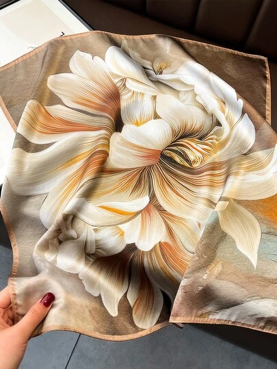 1 pieza Pañuelo de seda de mora 100% con estampado floral elegante, pañuelo de seda ligero de Hangzhou para mujer, primavera/otoño