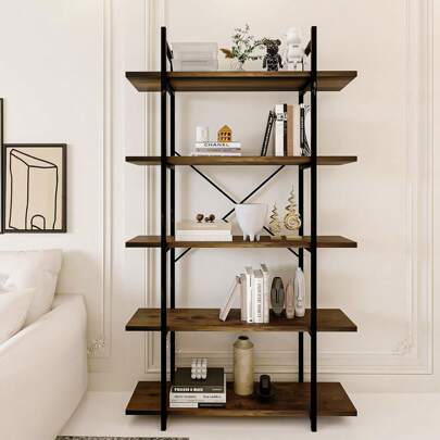5 Tiers Bookshelf Organizer Industrial Shelf,Modern Open Display Storage Bookcase,Rustic Brown And Metal Bookshelf Standing Storage Shelf Tall Shelving Units For Home Office Study