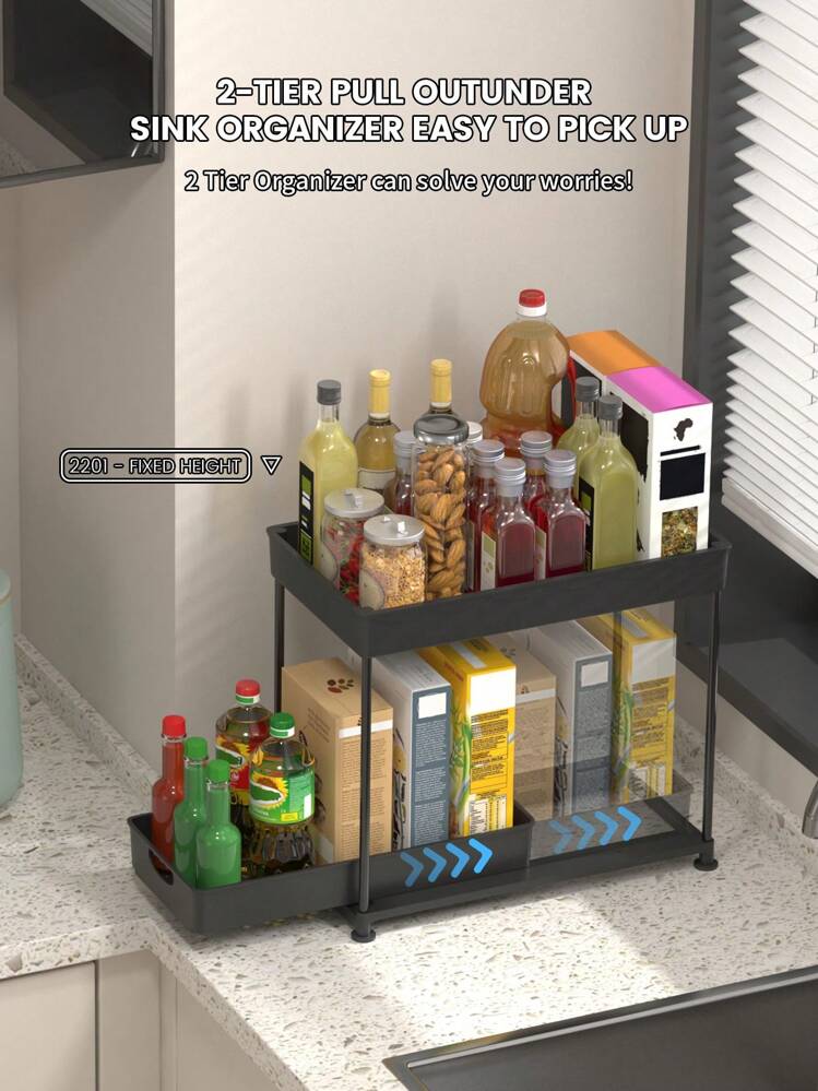 1 套，水槽下收纳盒，2 层滑动橱柜篮收纳盒抽屉，水槽下收纳盒和储物盒，带挂钩杯的浴室厨柜收纳盒，底部抽屉可滑出，厨房配件、储物、厨房收纳盒、厨房用品、房间装饰、家居装饰。 - 黑色 - 查看 8