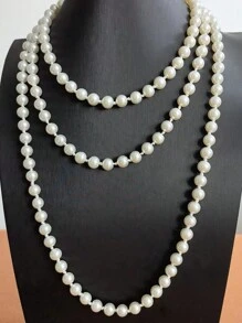 Long Glass Pearl Necklace, White, Can Be Worn In Multi-Layers - White - View 4